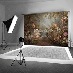 Aperturee - Aperturee Romantic Stone Bridge and Pink Flowers Photography Backdrop Enchanted Garden Forest Path Scene