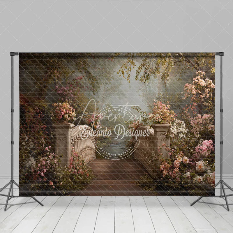 Aperturee - Aperturee Romantic Stone Bridge and Pink Flowers Photography Backdrop Enchanted Garden Forest Path Scene