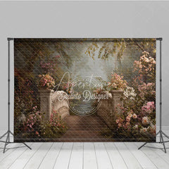 Aperturee - Aperturee Romantic Stone Bridge and Pink Flowers Photography Backdrop Enchanted Garden Forest Path Scene