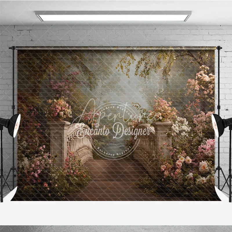 Aperturee - Aperturee Romantic Stone Bridge and Pink Flowers Photography Backdrop Enchanted Garden Forest Path Scene