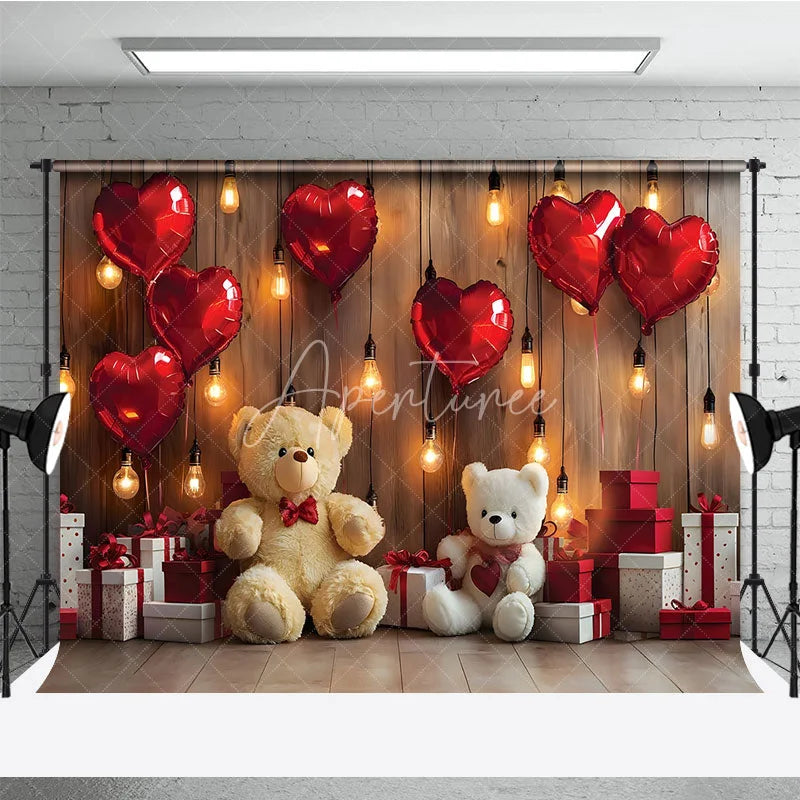 Aperturee - Aperturee Romantic Valentine Day Backdrop Red Heart Balloons Teddy Bear Lights Background Love Theme Photography Prop