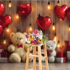 Aperturee - Aperturee Romantic Valentine Day Backdrop Red Heart Balloons Teddy Bear Lights Background Love Theme Photography Prop