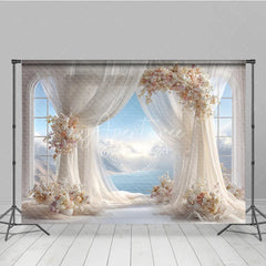 Aperturee - Aperturee Romantic Wedding Arch Backdrop Window View with Ocean Sky Sheer Curtains and Floral Decor for Bridal Shower