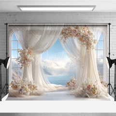 Aperturee - Aperturee Romantic Wedding Arch Backdrop Window View with Ocean Sky Sheer Curtains and Floral Decor for Bridal Shower