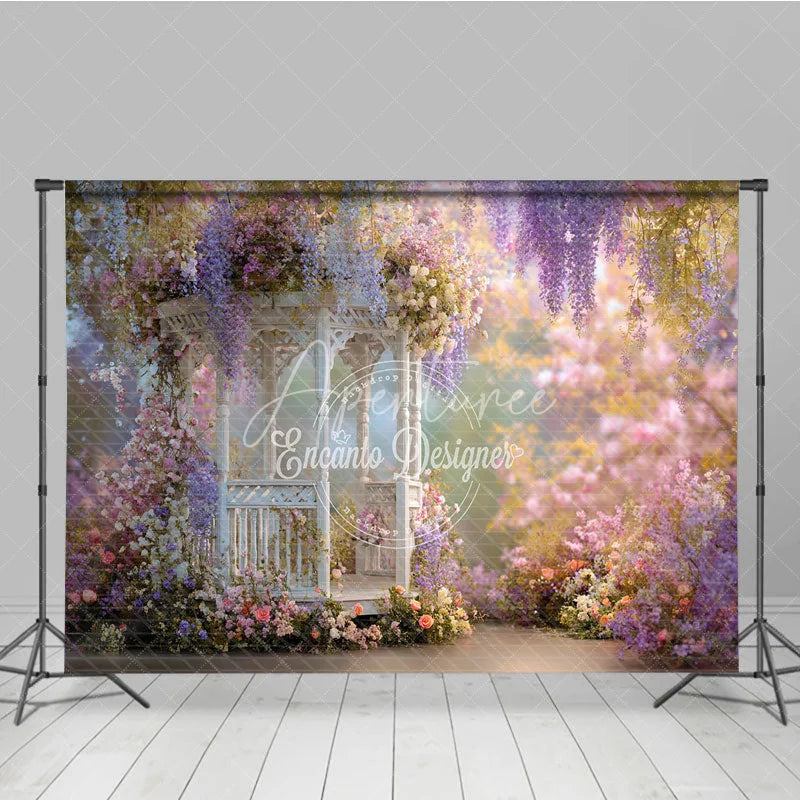 Aperturee - Aperturee Romantic White Gazebo Photography Backdrop Enchanted Garden with Wisteria and Roses Spring Floral Party Decor