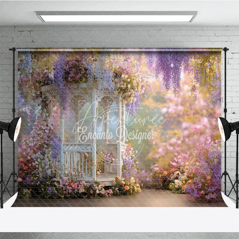 Aperturee - Aperturee Romantic White Gazebo Photography Backdrop Enchanted Garden with Wisteria and Roses Spring Floral Party Decor
