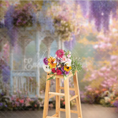 Aperturee - Aperturee Romantic White Gazebo Photography Backdrop Enchanted Garden with Wisteria and Roses Spring Floral Party Decor