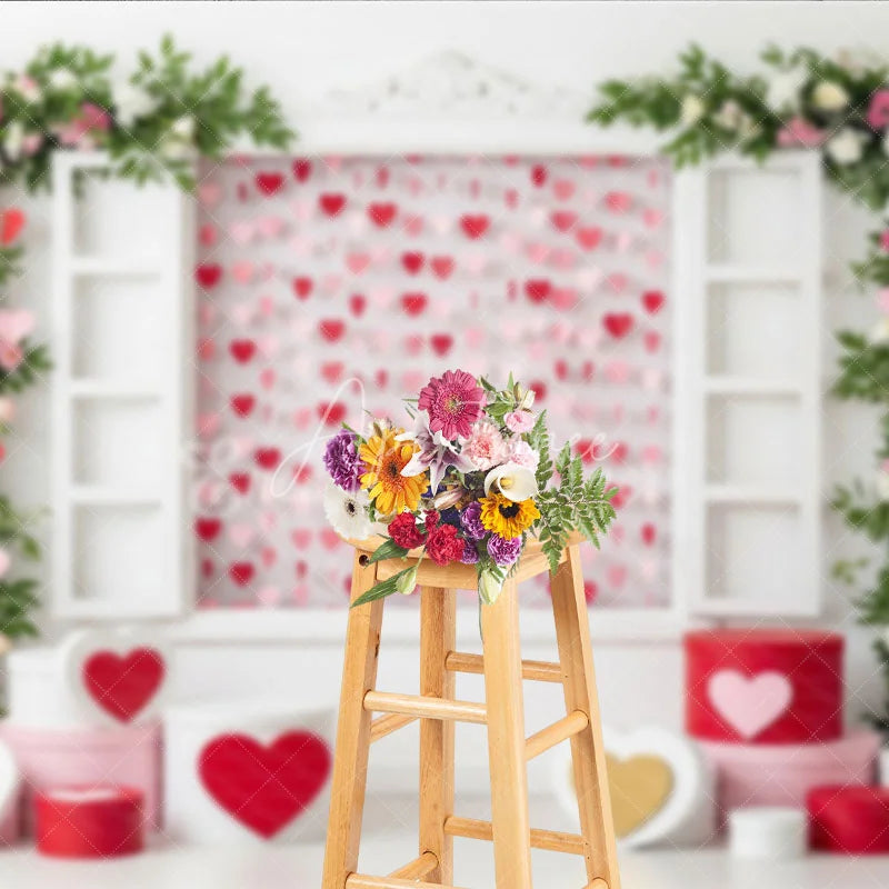 Aperturee - Aperturee Romantic Window Valentine Day Backdrop Hanging Hearts Floral Arch White Wall Background Wedding Photography Studio