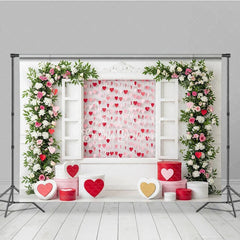 Aperturee - Aperturee Romantic Window Valentine Day Backdrop Hanging Hearts Floral Arch White Wall Background Wedding Photography Studio
