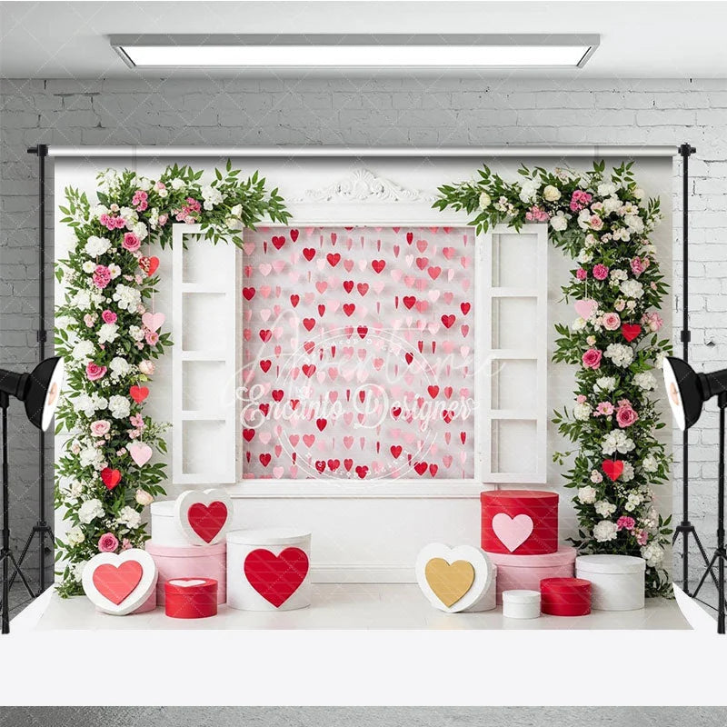 Aperturee - Aperturee Romantic Window Valentine Day Backdrop Hanging Hearts Floral Arch White Wall Background Wedding Photography Studio