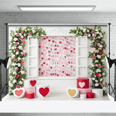 Aperturee - Aperturee Romantic Window Valentine Day Backdrop Hanging Hearts Floral Arch White Wall Background Wedding Photography Studio