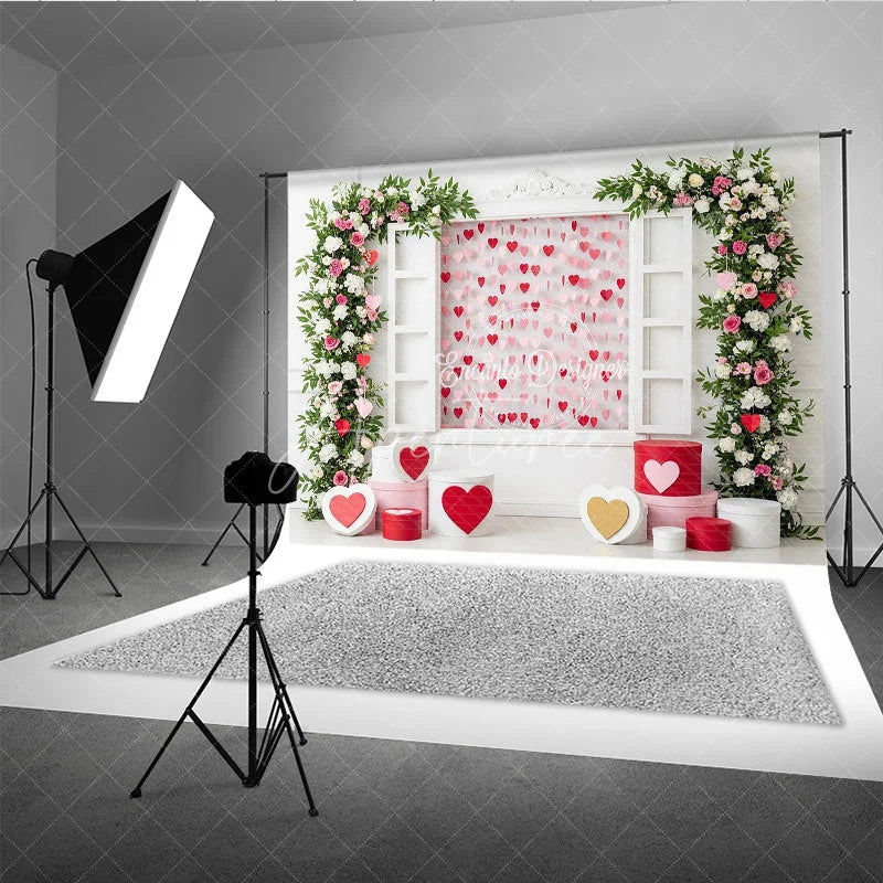 Aperturee - Aperturee Romantic Window Valentine Day Backdrop Hanging Hearts Floral Arch White Wall Background Wedding Photography Studio