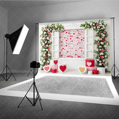 Aperturee - Aperturee Romantic Window Valentine Day Backdrop Hanging Hearts Floral Arch White Wall Background Wedding Photography Studio