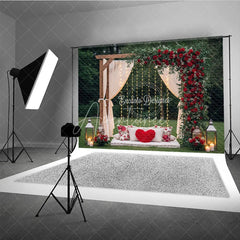 Aperturee - Aperturee Romantic Wooden Arch Photography Backdrop with Red Roses and Greenery Sheer Drapes and String Lights for Outdoor