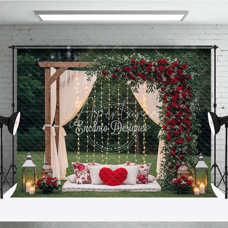 Aperturee - Aperturee Romantic Wooden Arch Photography Backdrop with Red Roses and Greenery Sheer Drapes and String Lights for Outdoor