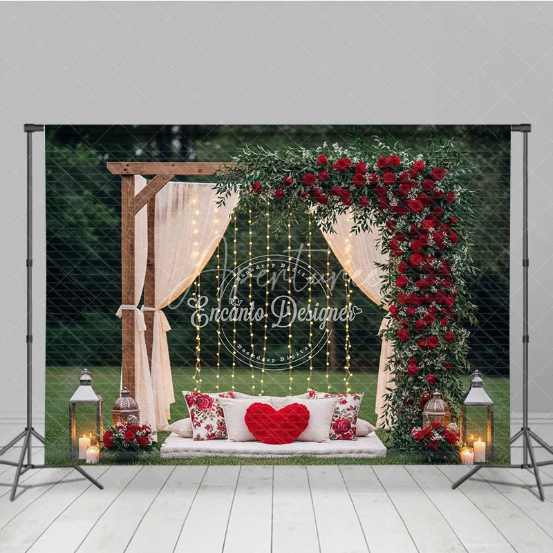 Aperturee - Aperturee Romantic Wooden Arch Photography Backdrop with Red Roses and Greenery Sheer Drapes and String Lights for Outdoor
