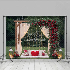 Aperturee - Aperturee Romantic Wooden Arch Photography Backdrop with Red Roses and Greenery Sheer Drapes and String Lights for Outdoor