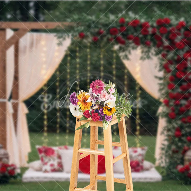 Aperturee - Aperturee Romantic Wooden Arch Photography Backdrop with Red Roses and Greenery Sheer Drapes and String Lights for Outdoor