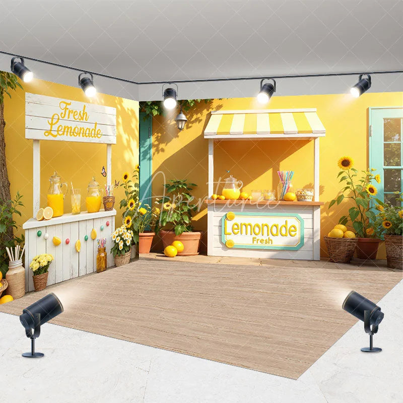 Aperturee - Aperturee Room Set Backdrop Summer Fresh Lemonade Stand with Sunflowers and Bright Yellow Outdoor Party Decor