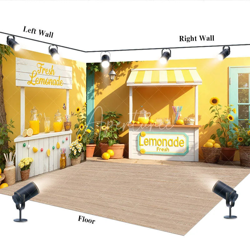 Aperturee - Aperturee Room Set Backdrop Summer Fresh Lemonade Stand with Sunflowers and Bright Yellow Outdoor Party Decor