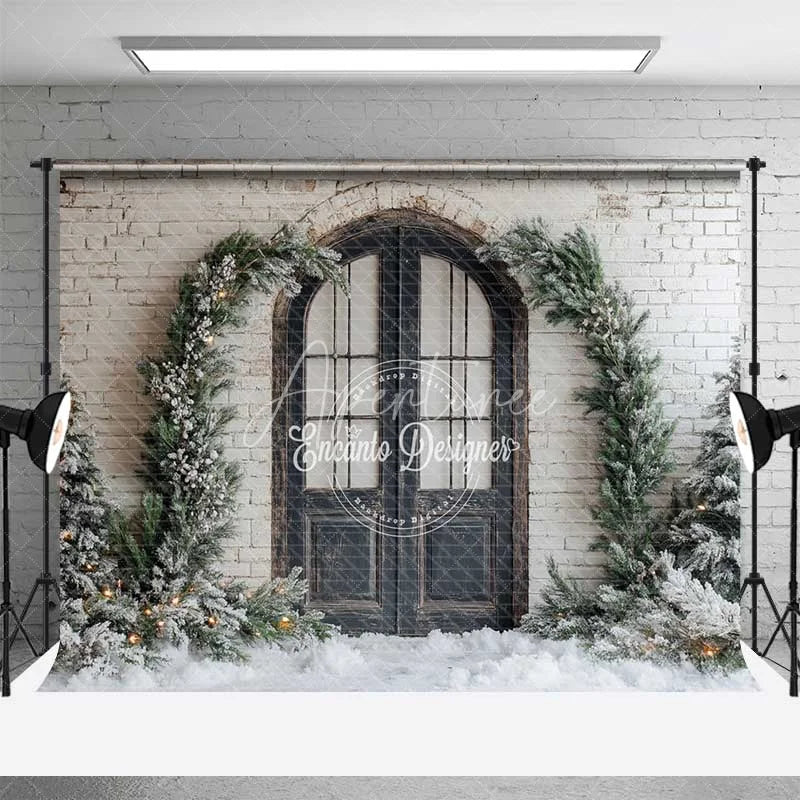 Aperturee - Aperturee Room Set Backdrop White Brick Wall Arched Window Snowy Pine Background Winter Courtyard Holiday Party Decoration