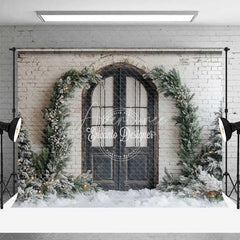Aperturee - Aperturee Room Set Backdrop White Brick Wall Arched Window Snowy Pine Background Winter Courtyard Holiday Party Decoration