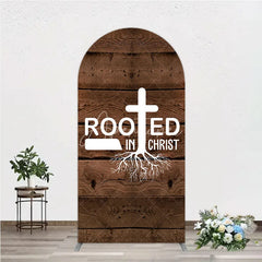 Aperturee - Aperturee Rooted In Christ Religious Holiday Arch Backdrop Dark Wood Texture Cross Party Cover