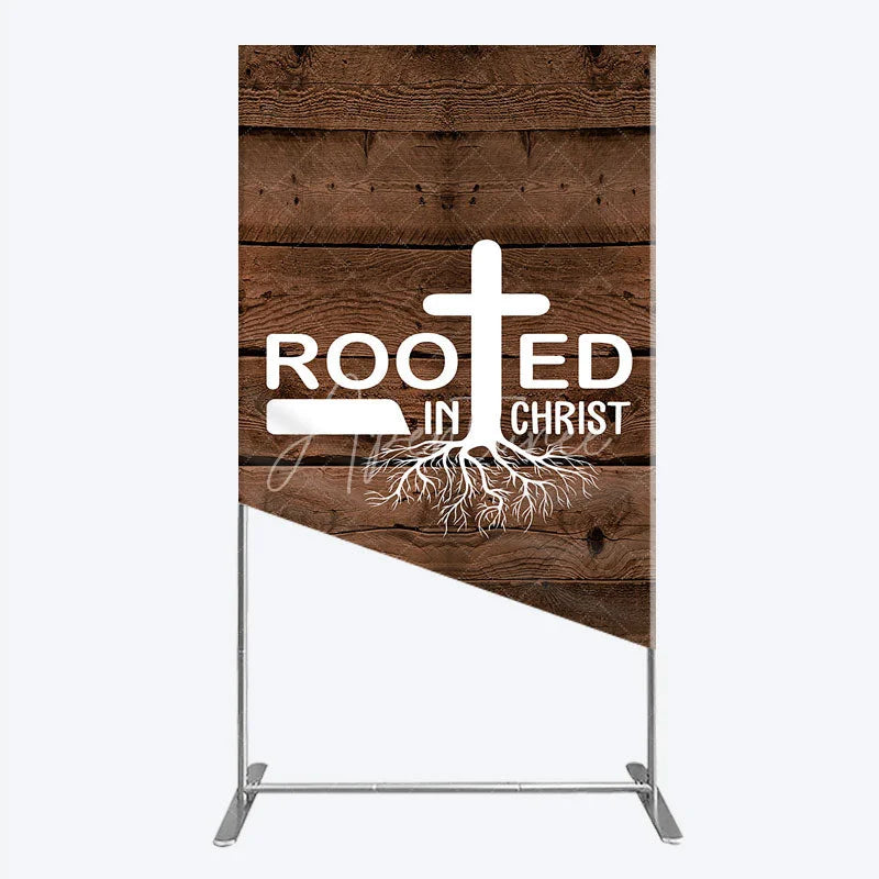 Aperturee - Aperturee Rooted In Christ Religious Holiday Rectangle Backdrop Dark Wood Texture Cross Party Cover