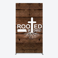 Aperturee - Aperturee Rooted In Christ Religious Holiday Rectangle Backdrop Dark Wood Texture Cross Party Cover