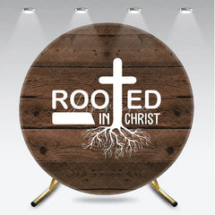 Aperturee - Aperturee Rooted in Christ Round Backdrop Religious Cross with Roots on Rustic Wood Background Christian Celebration Party Decor