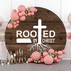 Aperturee - Aperturee Rooted in Christ Round Backdrop Religious Cross with Roots on Rustic Wood Background Christian Celebration Party Decor
