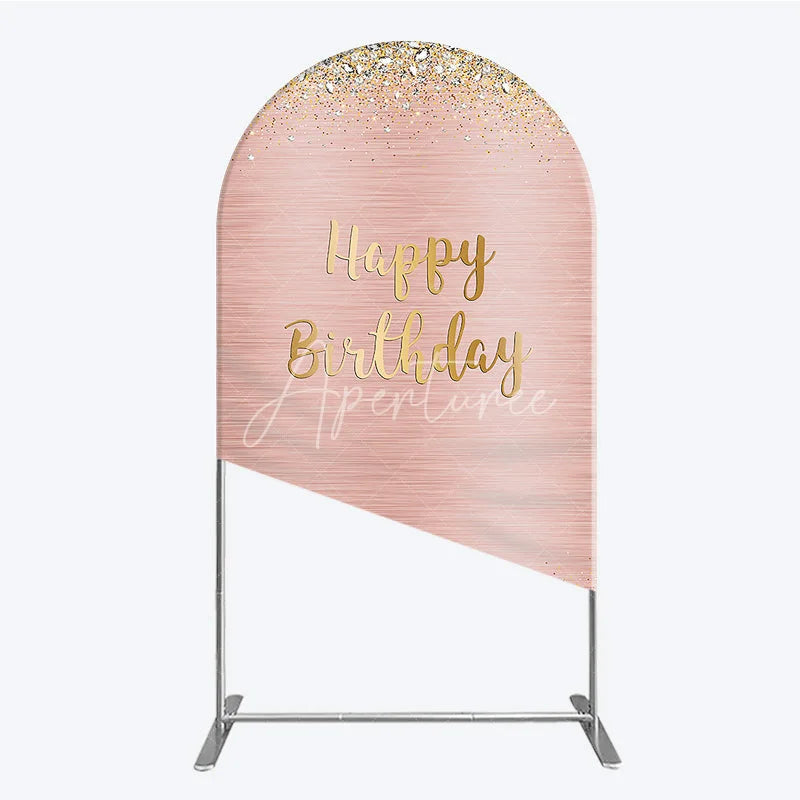 Aperturee - Aperturee Rose Gold and Gold Glitter Happy Birthday Round Top Arch Backdrop Elegant Diamond Celebration Party Decor