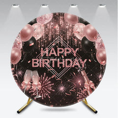 Aperturee - Aperturee Rose Gold Champagne Round Backdrop Happy Birthday Fireworks and Balloons Background Glitter Glamour Party Decor