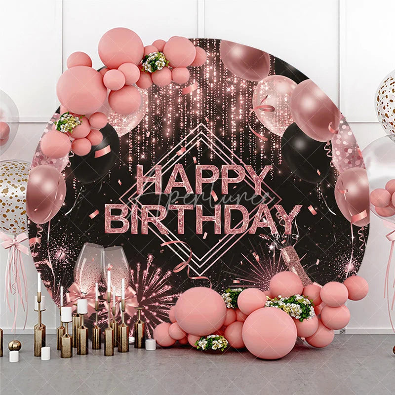 Aperturee - Aperturee Rose Gold Champagne Round Backdrop Happy Birthday Fireworks and Balloons Background Glitter Glamour Party Decor