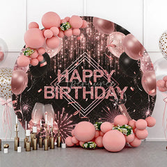 Aperturee - Aperturee Rose Gold Champagne Round Backdrop Happy Birthday Fireworks and Balloons Background Glitter Glamour Party Decor