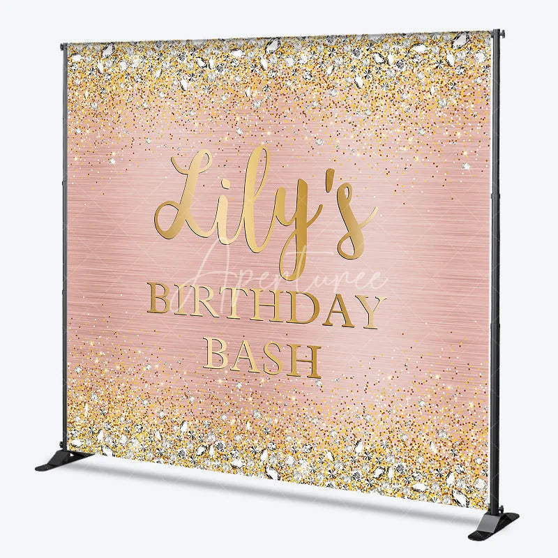 Aperturee - Aperturee Rose Gold Glitter and Diamond Custom Birthday Backdrop Personalized Party Bash Decor