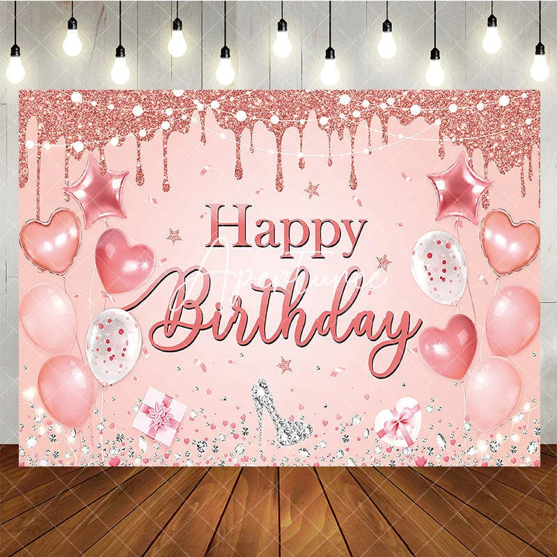 Aperturee - Aperturee Rose Gold Glitter Drip Happy Birthday Backdrop with Pink Balloons and Diamond High Heel Elegant Party Decor