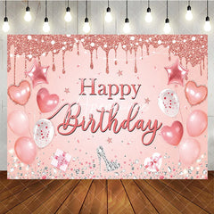 Aperturee - Aperturee Rose Gold Glitter Drip Happy Birthday Backdrop with Pink Balloons and Diamond High Heel Elegant Party Decor