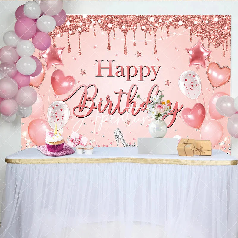 Aperturee - Aperturee Rose Gold Glitter Drip Happy Birthday Backdrop with Pink Balloons and Diamond High Heel Elegant Party Decor