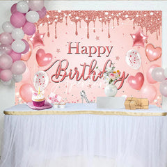 Aperturee - Aperturee Rose Gold Glitter Drip Happy Birthday Backdrop with Pink Balloons and Diamond High Heel Elegant Party Decor