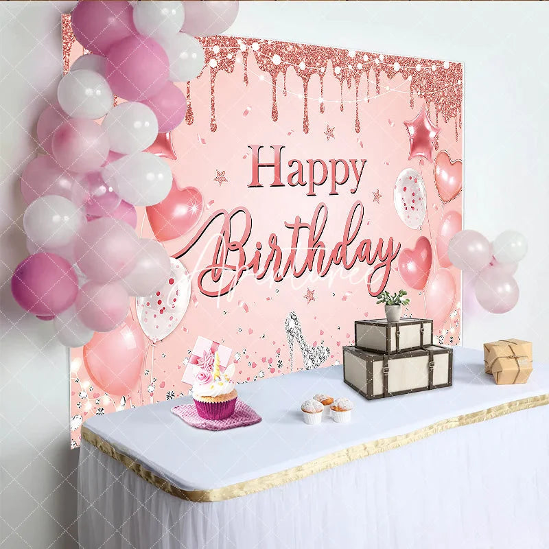 Aperturee - Aperturee Rose Gold Glitter Drip Happy Birthday Backdrop with Pink Balloons and Diamond High Heel Elegant Party Decor