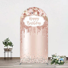 Aperturee - Aperturee Rose Gold Glitter Flowers Birthday Arch Backdrop