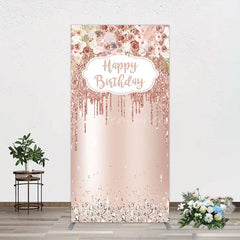 Aperturee - Aperturee Rose Gold Glitter Flowers Birthday Rectangle Backdrop