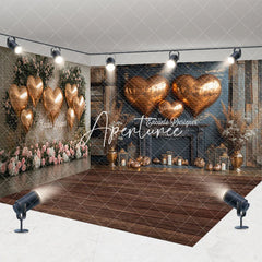 Aperturee - Aperturee Rose Gold Heart Balloons Rustic Wood Room Set Backdrop with Fireplace and Floral Decor Romantic Party