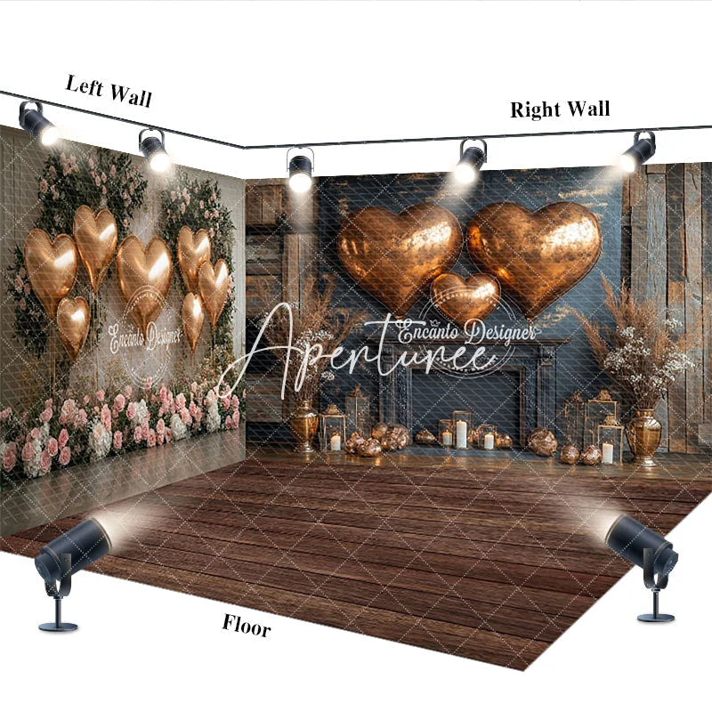 Aperturee - Aperturee Rose Gold Heart Balloons Rustic Wood Room Set Backdrop with Fireplace and Floral Decor Romantic Party