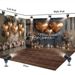 Aperturee - Aperturee Rose Gold Heart Balloons Rustic Wood Room Set Backdrop with Fireplace and Floral Decor Romantic Party