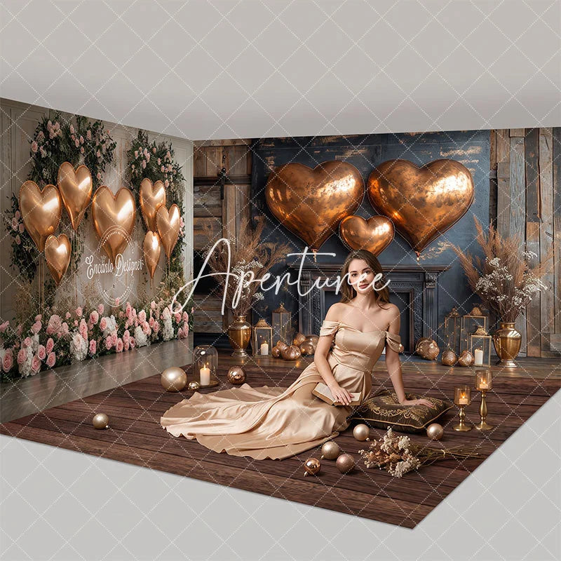 Aperturee - Aperturee Rose Gold Heart Balloons Rustic Wood Room Set Backdrop with Fireplace and Floral Decor Romantic Party