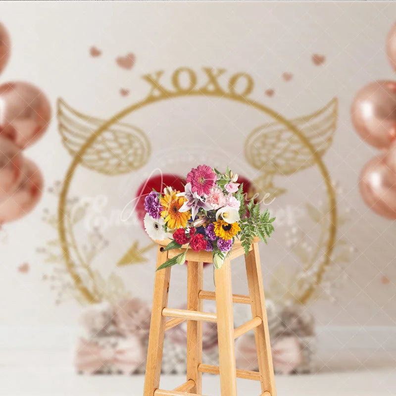 Aperturee - Aperturee Rose Gold Valentine Day Backdrop XOXO Heart Arrow Balloons Floral Background Sweet Love Theme Photography Banner
