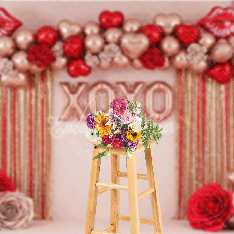 Aperturee - Aperturee Rose Gold XOXO Valentine Day Backdrop Red Lips Foil Balloons Tinsel Curtain Background Party Photography Prop