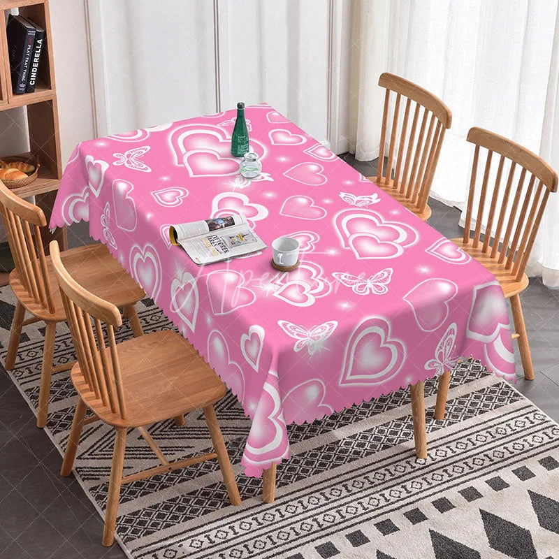 Aperturee - Aperturee Rose Pink Glowing Heart Butterfly Rectangle Tablecloth Soft Pastel Neon Design Romantic Kitchen Dining Decor